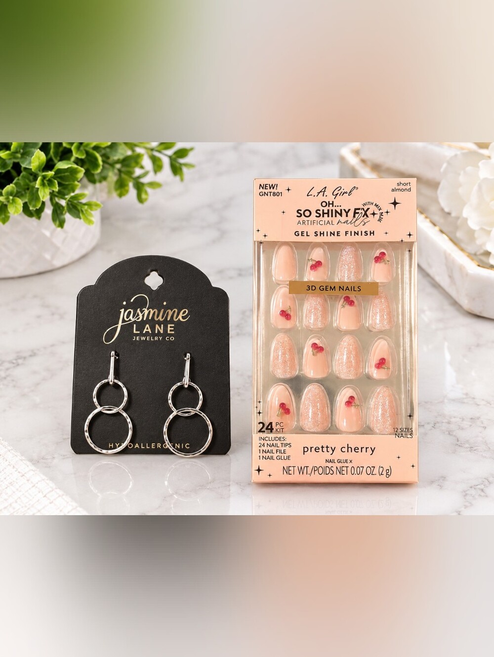 Pretty Cherry Gel Shine Press-On Nails - Pink Accent And Earing Bundle